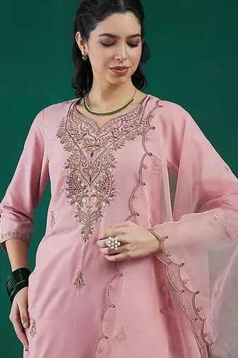 Embroidered regular sequinned straight kurta with trousers & dupatta