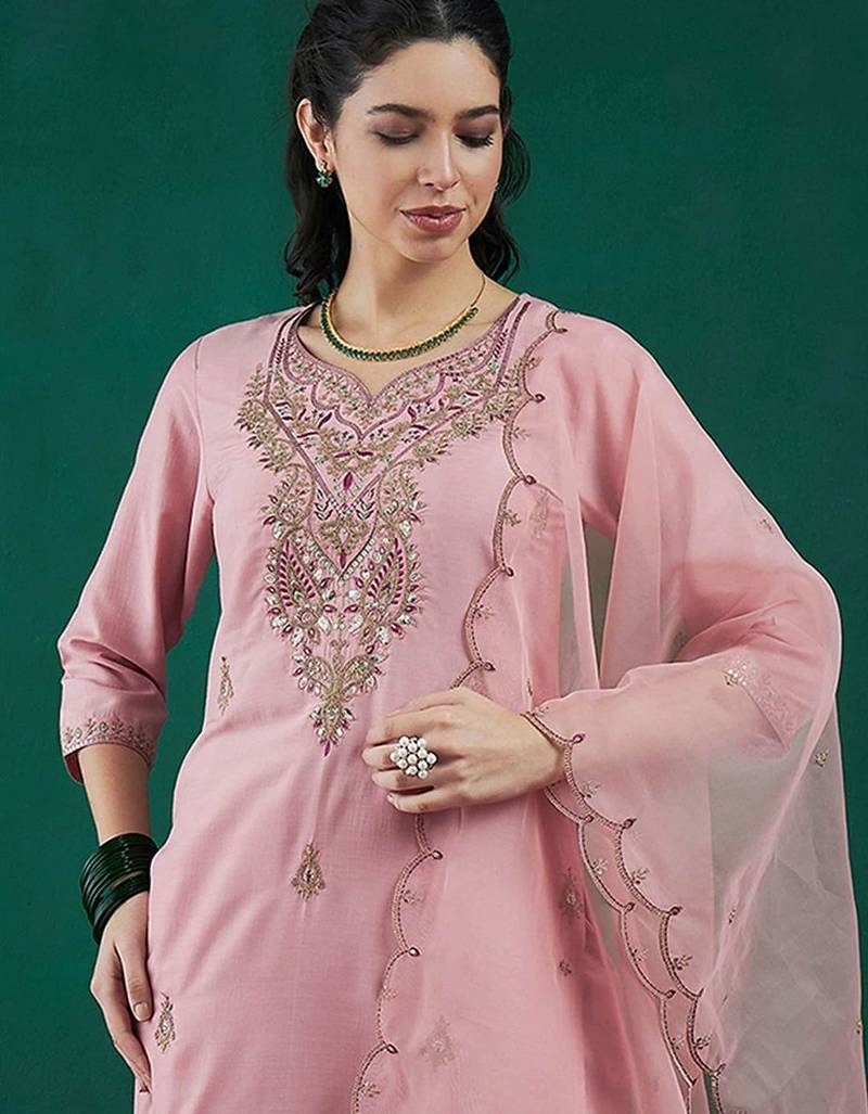 Embroidered regular sequinned straight kurta with trousers & dupatta