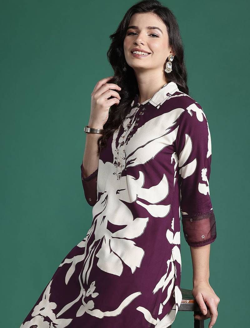 Floral printed kurta with salwar with sequinned detail