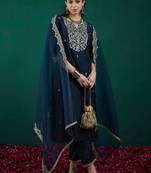 Floral embroidered regular thread work liva kurta with trousers & dupatta