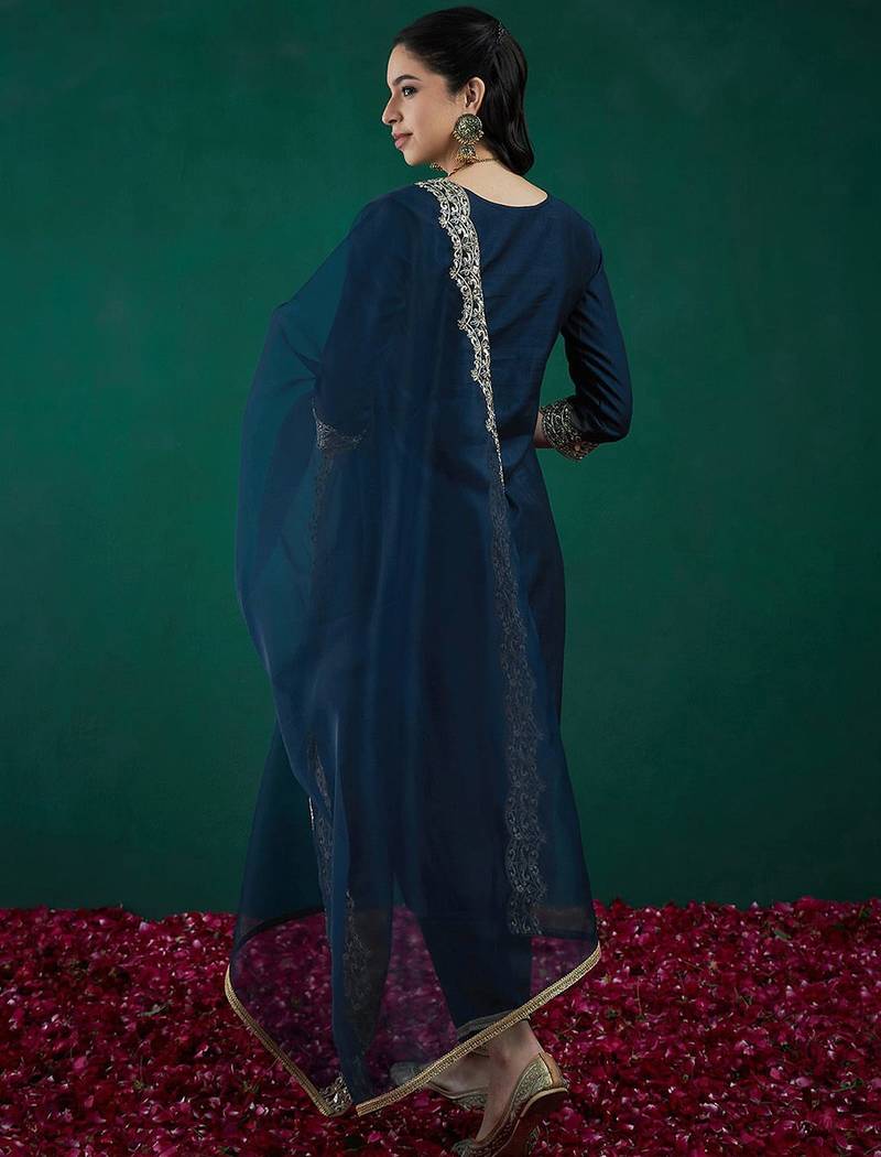 Floral embroidered regular thread work liva kurta with trousers & dupatta