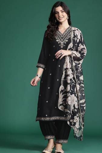 Ethnic motifs embroidered thread work kurta with salwar & with dupatta