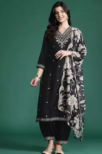 Ethnic motifs embroidered thread work kurta with salwar & with dupatta
