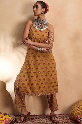 Floral printed pure cotton straight  kurta with trousers
