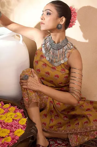 Floral printed pure cotton straight  kurta with trousers