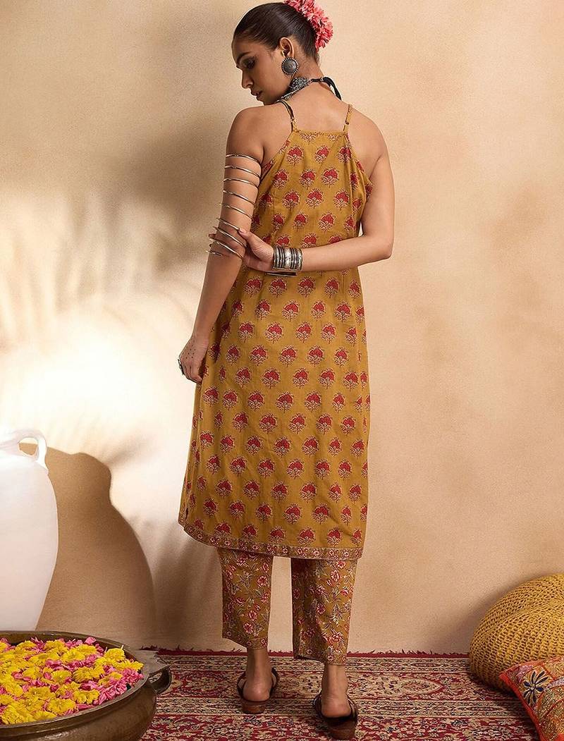 Floral printed pure cotton straight  kurta with trousers
