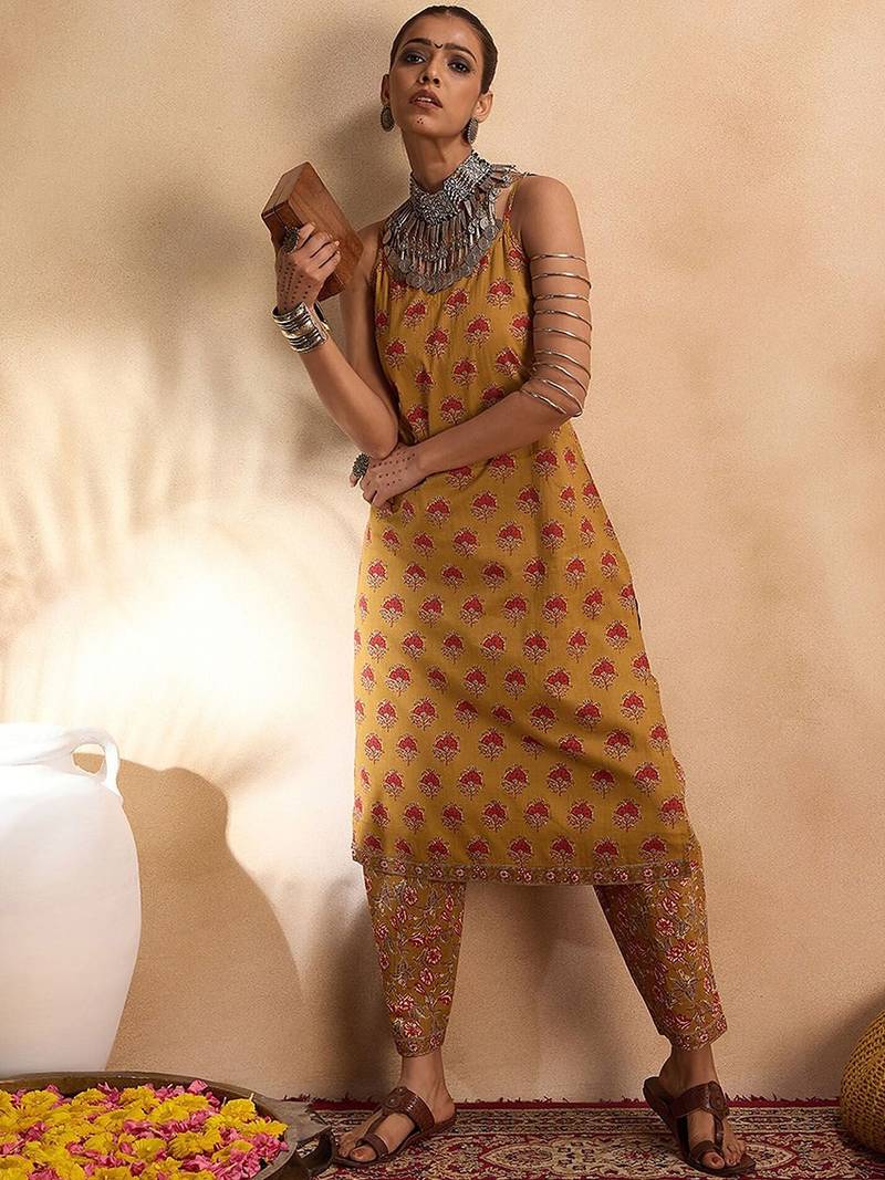 Floral printed pure cotton straight  kurta with trousers