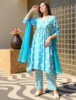 Floral printed empire mirror work cotton a-line kurta with trousers & dupatta 1
