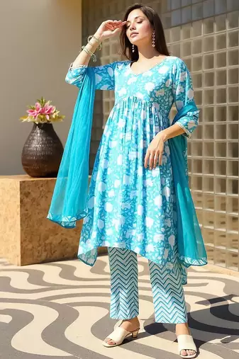 Floral printed empire mirror work cotton a-line kurta with trousers & dupatta
