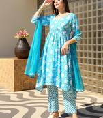 Floral printed empire mirror work cotton a-line kurta with trousers & dupatta