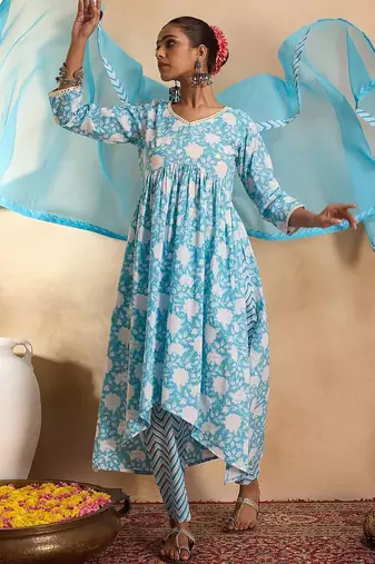 Floral printed empire mirror work cotton a-line kurta with trousers & dupatta