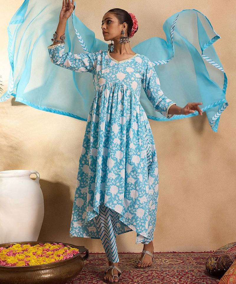 Floral printed empire mirror work cotton a-line kurta with trousers & dupatta