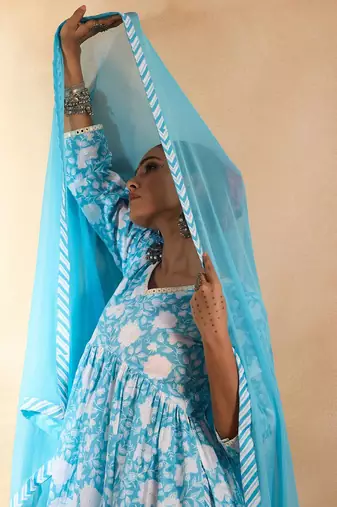 Floral printed empire mirror work cotton a-line kurta with trousers & dupatta