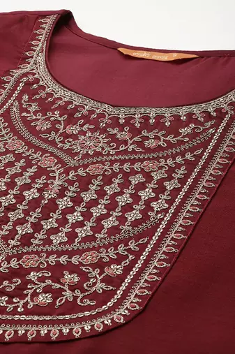 Ethnic motifs yoke design sequinned kurta with trousers & dupatta