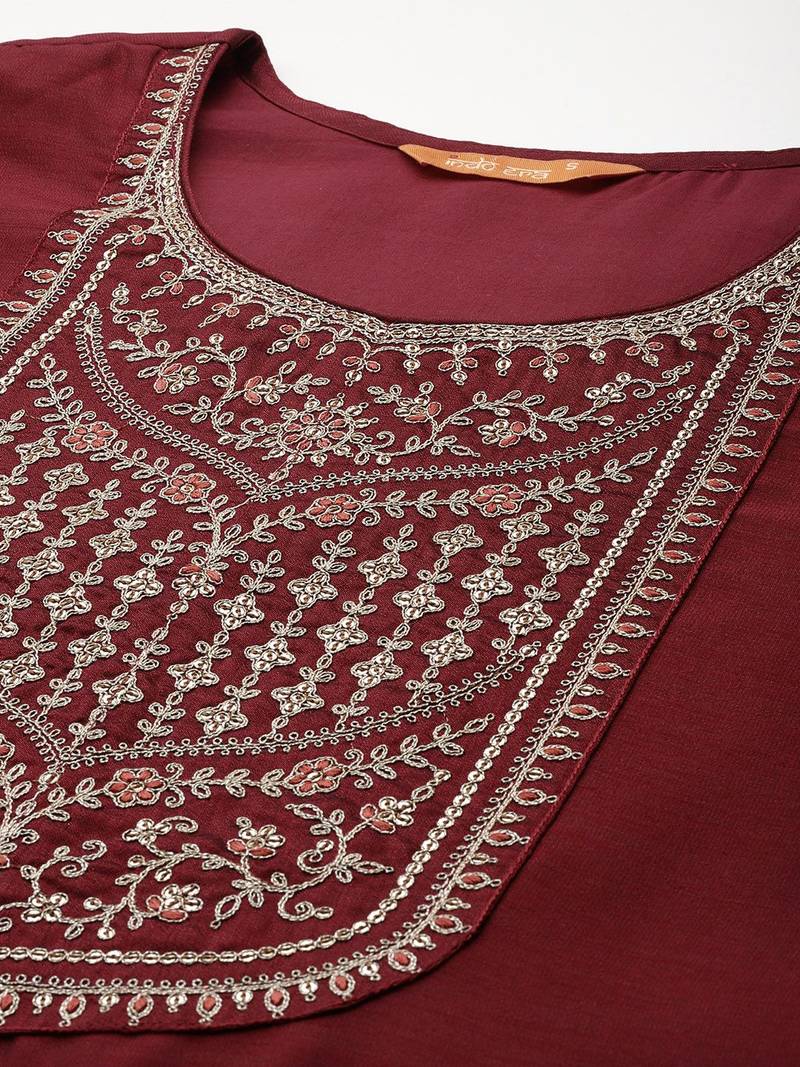 Ethnic motifs yoke design sequinned kurta with trousers & dupatta