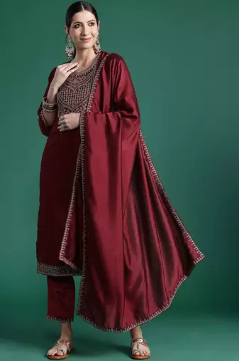 Ethnic motifs yoke design sequinned kurta with trousers & dupatta