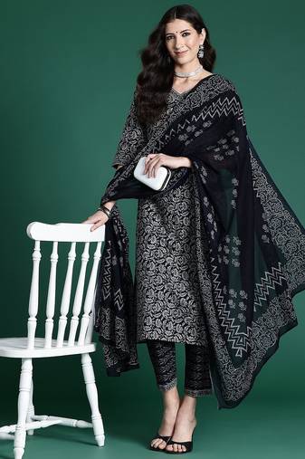 Women ethnic motifs printed regular pure cotton kurta with trousers & with dupatta