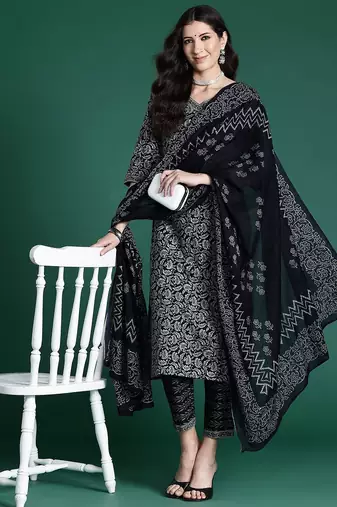 Women ethnic motifs printed regular pure cotton kurta with trousers & with dupatta