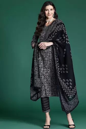 Women ethnic motifs printed regular pure cotton kurta with trousers & with dupatta