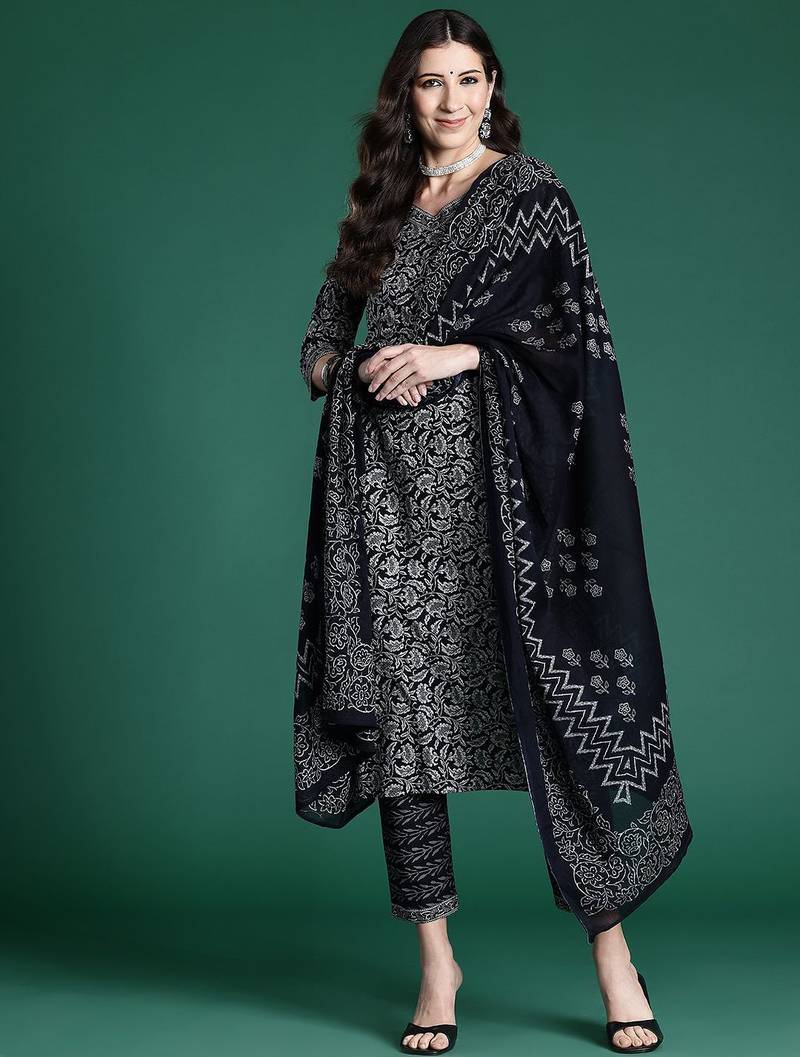 Women ethnic motifs printed regular pure cotton kurta with trousers & with dupatta