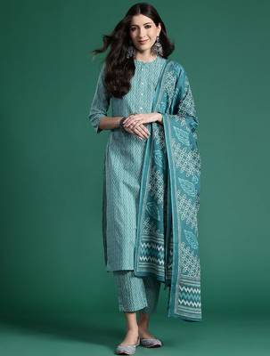Women printed cotton kurta with trousers & with dupatta 1