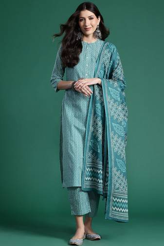 Women printed regular pure cotton kurta with trousers & with dupatta