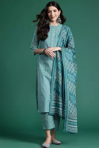 Women printed regular pure cotton kurta with trousers & with dupatta