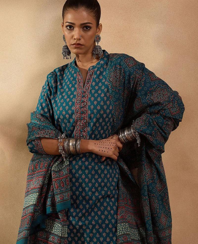 Ethnic motifs printed regular pure cotton straight kurta with trousers & dupatta