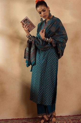 Ethnic motifs printed regular pure cotton straight kurta with trousers & dupatta