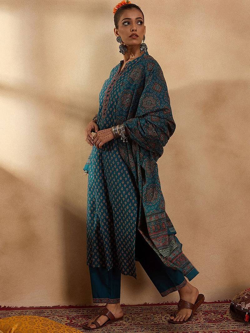 Ethnic motifs printed regular pure cotton straight kurta with trousers & dupatta