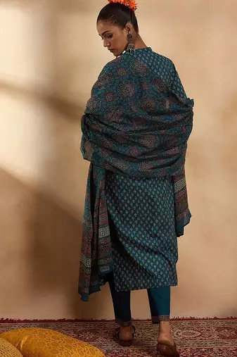 Ethnic motifs printed regular pure cotton straight kurta with trousers & dupatta
