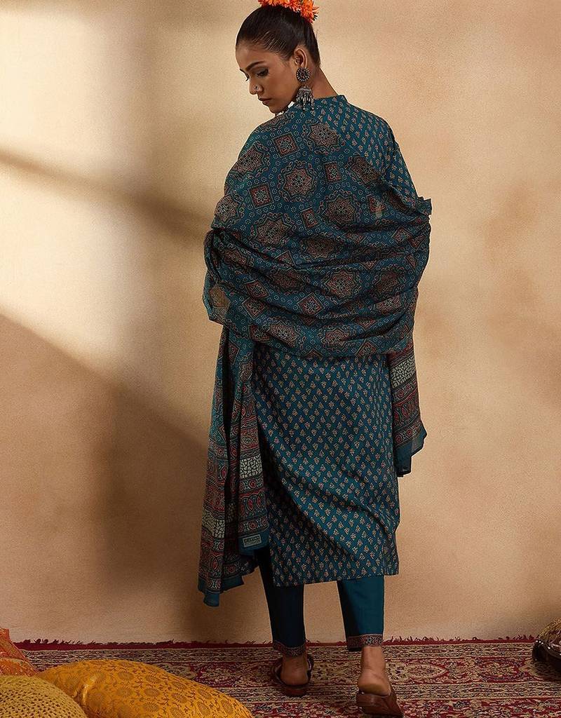 Ethnic motifs printed regular pure cotton straight kurta with trousers & dupatta
