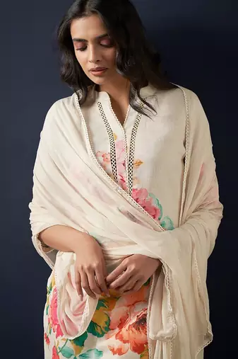 Floral printed beads and stones linen straight kurta with trousers & dupatta