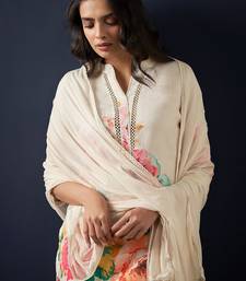 Floral printed beads and stones linen straight kurta with trousers & dupatta