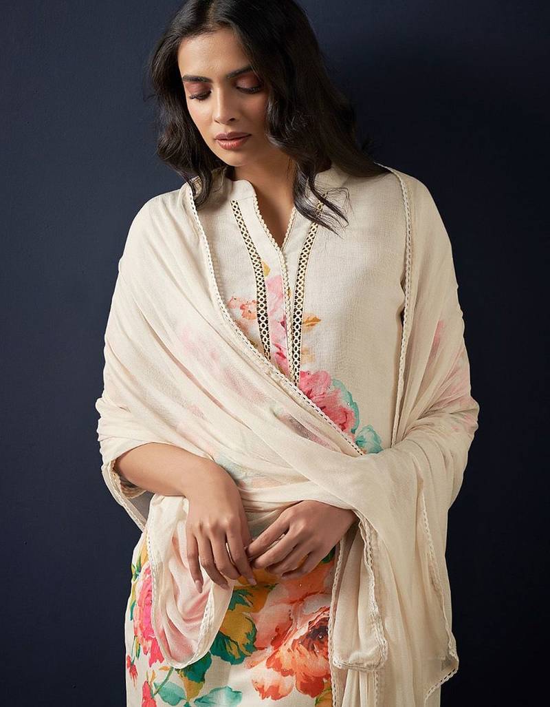 Floral printed beads and stones linen straight kurta with trousers & dupatta