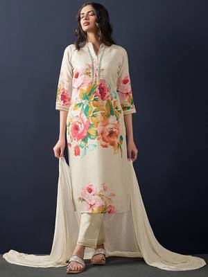 Floral printed beads and stones linen straight kurta with trousers & dupatta 3