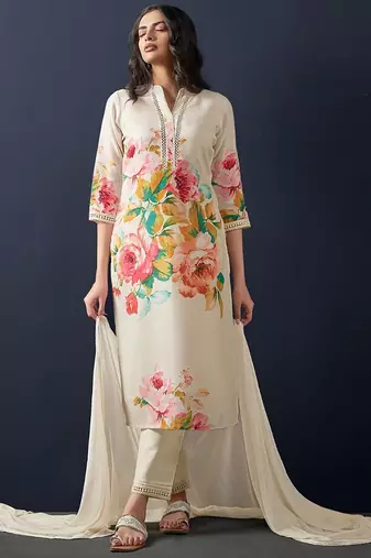 Floral printed beads and stones linen straight kurta with trousers & dupatta