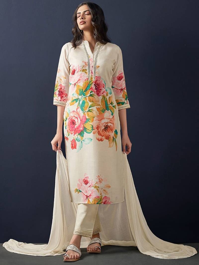 Floral printed beads and stones linen straight kurta with trousers & dupatta