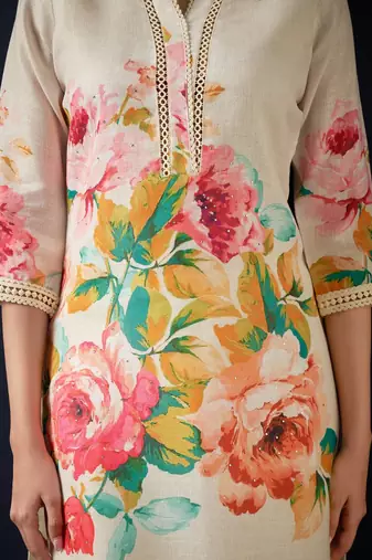 Floral printed beads and stones linen straight kurta with trousers & dupatta