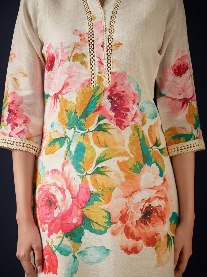 Floral printed beads and stones linen straight kurta with trousers & dupatta