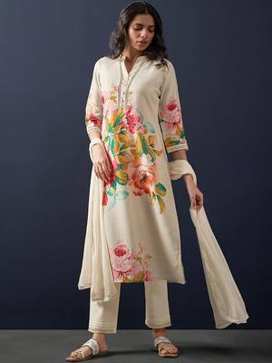 Floral printed beads and stones linen straight kurta with trousers & dupatta 1