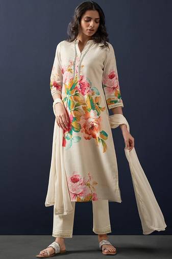 Floral printed beads and stones linen straight kurta with trousers & dupatta