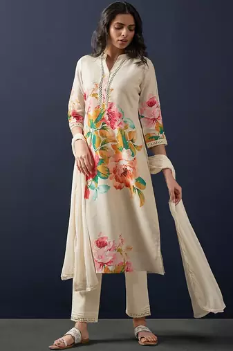 Floral printed beads and stones linen straight kurta with trousers & dupatta