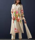 Floral printed beads and stones linen straight kurta with trousers & dupatta