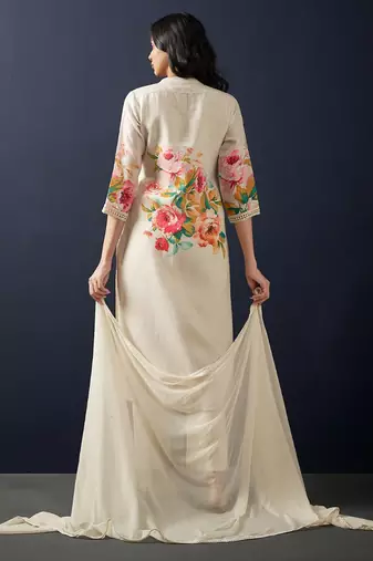 Floral printed beads and stones linen straight kurta with trousers & dupatta