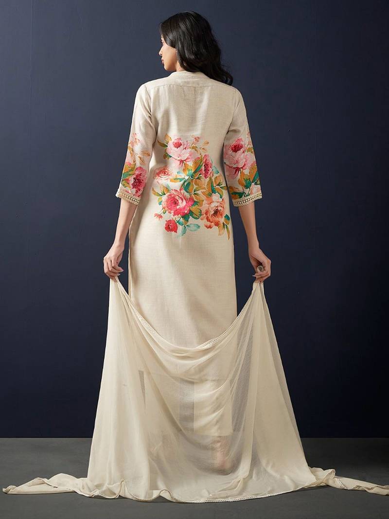Floral printed beads and stones linen straight kurta with trousers & dupatta