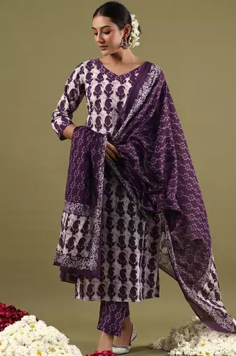 V-neck paisley printed regular pure cotton kurta set