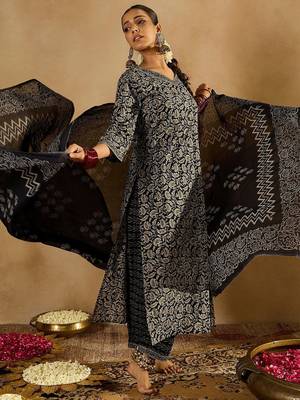 Floral printed cotton straight kurta with trousers & dupatta 3