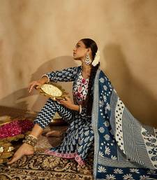 Ethnic motifs printed thread work pure cotton straight kurta & trousers & dupatta