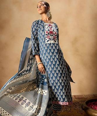 Ethnic motifs printed thread work cotton straight kurta & trousers & dupatta 1